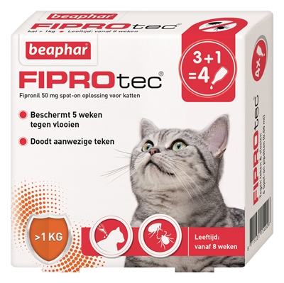 Beaphar fiprotec kat tegen vlooien & teken (3+1 PIPET >1 KG EN 8 WEKEN)