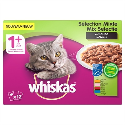 Whiskas multipack pouch adult mix selectie vlees / vis in saus (4X12X100 GR)