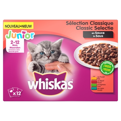 Whiskas multipack pouch junior classic selectie vlees in saus (4X12X100 GR)