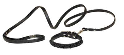 Croci hondenriem met halsband pearls parels zwart (17-22X1 CM / 120X1 CM)